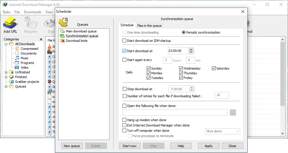 Using queue in Internet Download Manager